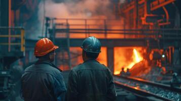 Two steelworkers watch the molten metal being poured. photo