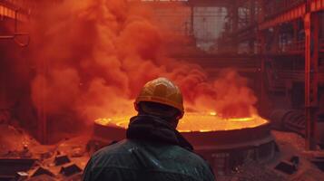 A steelworker looks at a furnace. photo