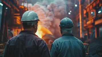 Two steelworkers watch the sparks fly as molten metal is poured. photo