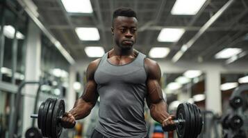 A muscular African-American man is doing bicep curls with dumbbells in a gym. He is wearing a gray tank top and black shorts. He has a serious expression on his face. photo