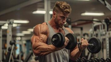 A muscular man with blonde hair is doing bicep curls with dumbbells in a gym. photo