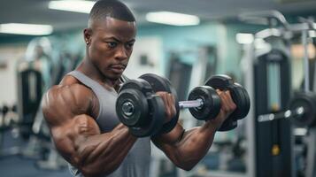 A muscular man is doing bicep curls with dumbbells in a gym. photo