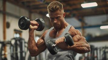 A muscular man is doing bicep curls with dumbbells in a gym. He is wearing a grey tank top and has his hair styled in a faux hawk. He has a determined look on his face. photo