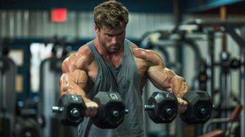 A muscular man with blonde hair is doing shoulder press with dumbbells in a gym. photo