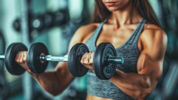 Muscular woman doing bicep curls with dumbbells photo