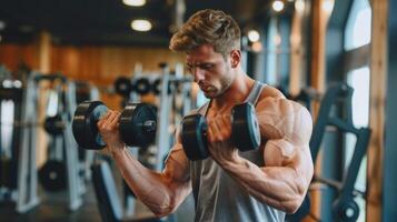 A muscular man in a gray tank top is doing bicep curls with dumbbells in a gym. photo