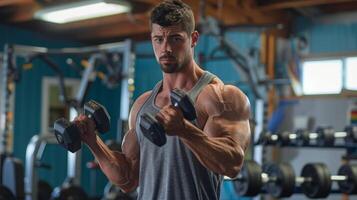 A muscular man with a beard is doing bicep curls with dumbbells. He is wearing a gray tank top and black shorts. He is standing in a gym with blue walls and a rubber floor. photo