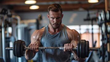 A muscular man in a gray tank top is doing barbell curls. He is looking at the camera with a determined expression. photo