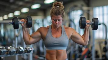 Muscular woman working out with dumbbells in a gym. photo