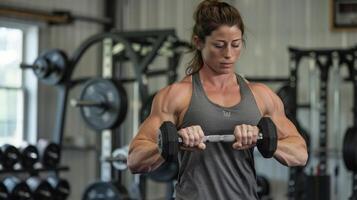 A muscular woman in a gray tank top is doing hammer curls with dumbbells in a gym. photo