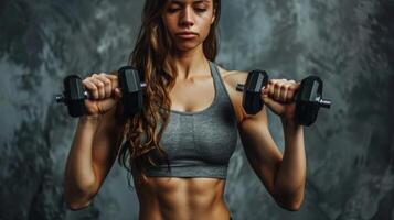 A young woman in a gray sports bra and black leggings is lifting dumbbells. She has her hair in a ponytail and is looking at the camera with a determined expression. photo