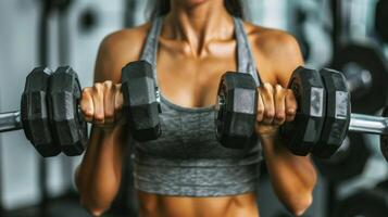 A woman works on her biceps with dumbbells in a gym photo
