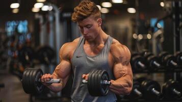 A muscular man with blonde hair wearing a grey tank top is doing bicep curls with dumbbells in a gym. photo