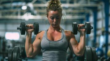 A muscular woman lifts weights in a gym. She is wearing a grey tank top and black shorts. She has her hair in a bun and is looking down at the weights. photo