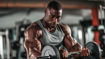 A muscular man is doing barbell curls in the gym. photo