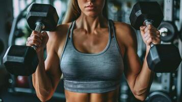 A muscular woman in a gray sports bra and black shorts is lifting weights in a gym. photo