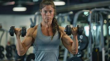 A muscular woman works on her biceps with dumbbells in a gym. photo