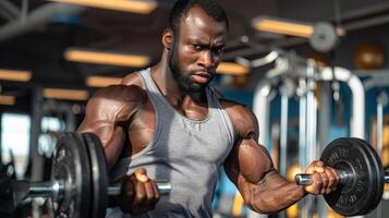 A muscular African-American man is doing bicep curls with a barbell. photo