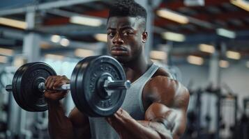 A muscular man is doing a bicep curl with a barbell. He is wearing a grey tank top and black shorts. He has a determined look on his face. photo