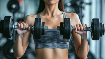 A woman in a gray sports bra and black shorts is lifting weights in a gym. photo