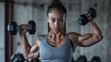 A muscular woman with tattoos lifts weights in a determined fashion. photo