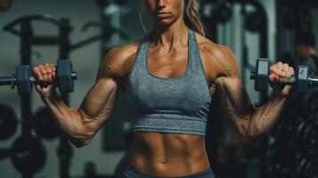 A muscular woman in a gray sports bra and black shorts is doing bicep curls with dumbbells. photo