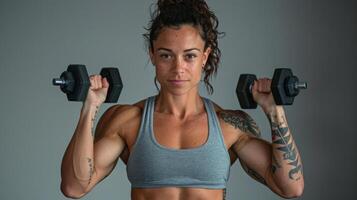 A muscular woman with tattoos holds up a pair of dumbbells. photo