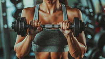 A woman in a gray sports bra and black leggings is doing bicep curls with dumbbells. photo