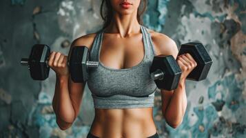 A woman in a gray sports bra and black shorts is lifting weights. She has her hair in a ponytail and is looking at the camera with a determined expression. photo