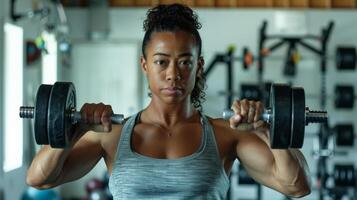 A muscular woman with curly hair is lifting weights in a home gym. photo