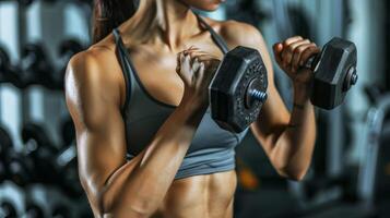 A muscular woman in a gray sports bra works on her biceps with dumbbells. photo