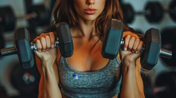 A woman in a gray sports bra is lifting weights in a gym. photo
