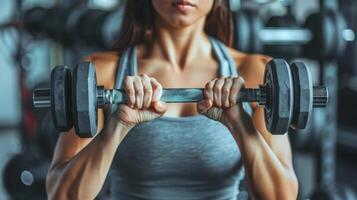 A woman works on her biceps with dumbbells in a gym photo