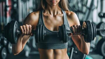 A young woman in a gray sports bra and black leggings is lifting weights in a gym. She has long brown hair and is looking at the weights she is lifting. photo