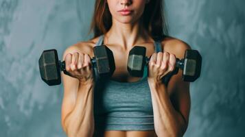 A young woman in a gray sports bra and black shorts is lifting weights. She has a determined look on her face and is focused on her workout. photo
