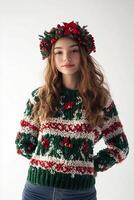 A girl wearing a sweater with a wreath on it photo