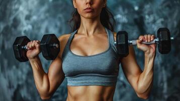 A muscular woman in a gray sports bra lifts dumbbells up to her shoulders. photo