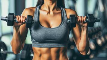 A woman in a gray sports bra and black shorts is lifting weights in a gym. She has her hair in a ponytail and is wearing a determined expression on her face. photo