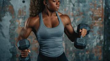 A muscular woman works on her biceps with dumbbells. photo