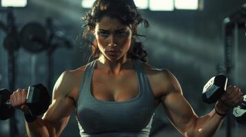 A muscular woman in a gray tank top is lifting weights in a dark gym. photo