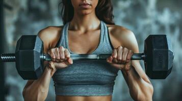 A muscular woman holds a dumbbell in each hand in front of her chest. photo