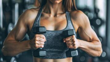 A muscular woman in a gray sports bra holds a pair of dumbbells in front of her chest. photo