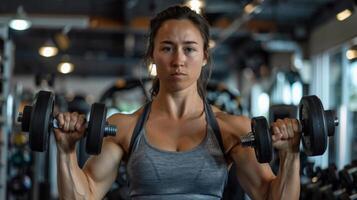 A muscular woman lifts weights in a gym. She is wearing a gray sports bra and black leggings. She has her hair in a ponytail and is looking at the camera with a determined expression. photo