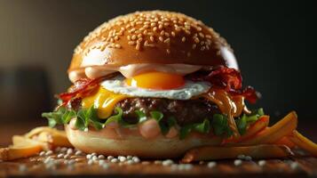 A delicious cheeseburger with a fried egg on top and a side of fries. photo