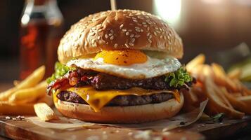 A delicious cheeseburger with a fried egg on top and a side of fries photo