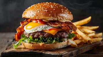 A delicious cheeseburger with bacon and a fried egg on top, served with a side of fries. photo