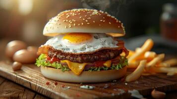 A cheeseburger with a fried egg on top and a side of fries. photo