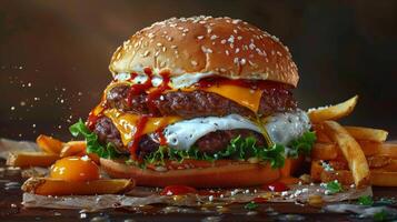 A cheeseburger with a fried egg on top and a side of fries photo