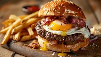 A delicious cheeseburger with bacon and a runny egg on top, served with a side of fries. photo