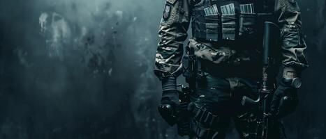 A soldier in full combat gear is standing in a dark room. photo